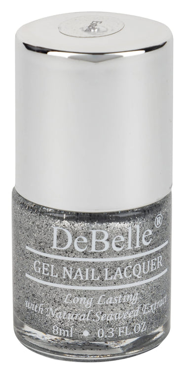DeBelle Gel Nail Polish Estella (Silver with Black Glitter Sugar Finish Nail Paint)|Non UV - Gel Finish |Chip Resistant | Seaweed Enriched Formula| Long Lasting|Cruelty and Toxic Free| 8ml